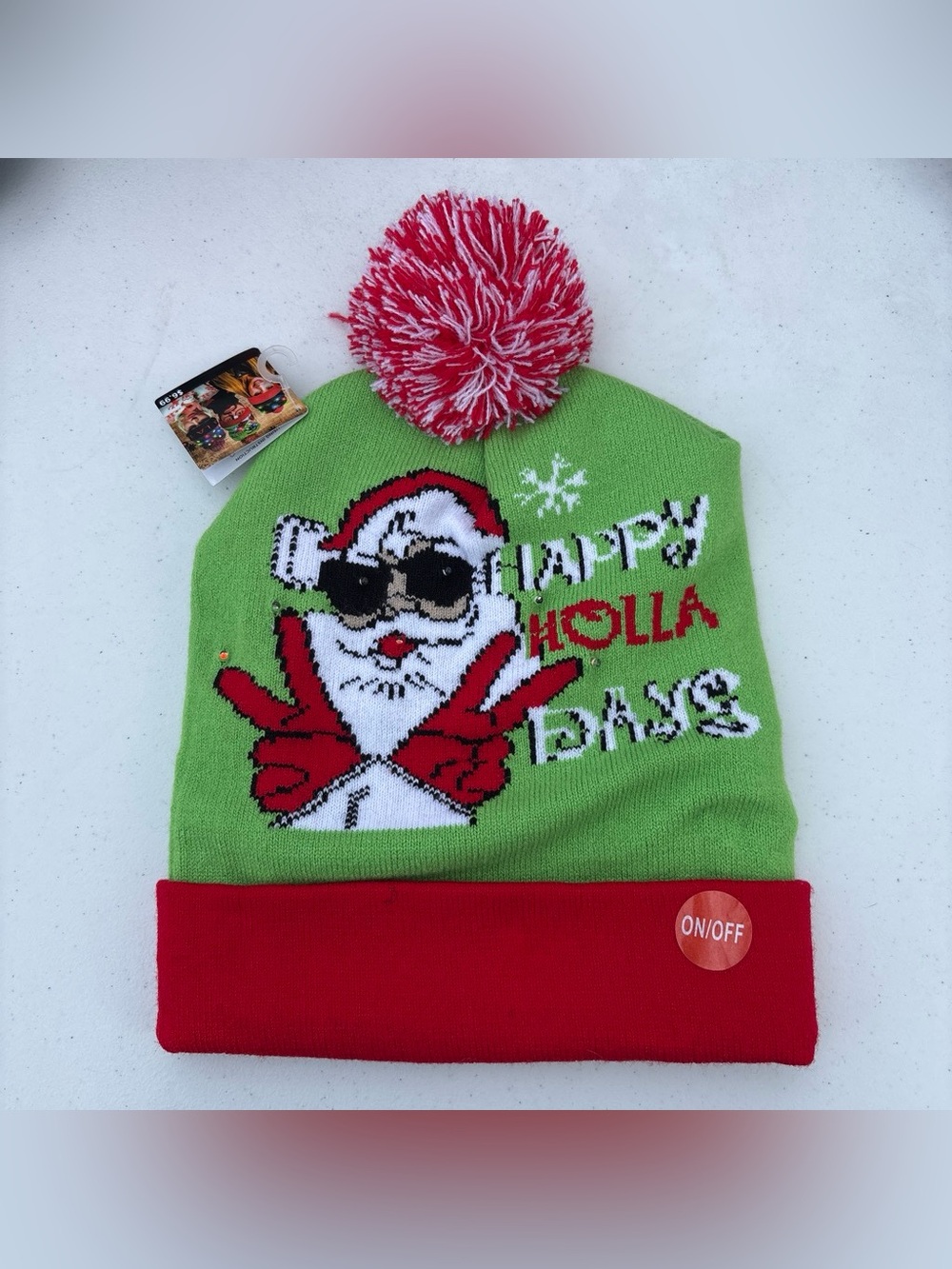Holiday Santa Pom-Pom Beanie Hat - Green and Red light up